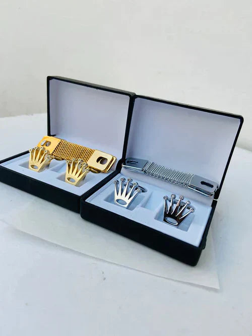 Rolex Cufflinks with Box and Chain Gold & SIlver Color