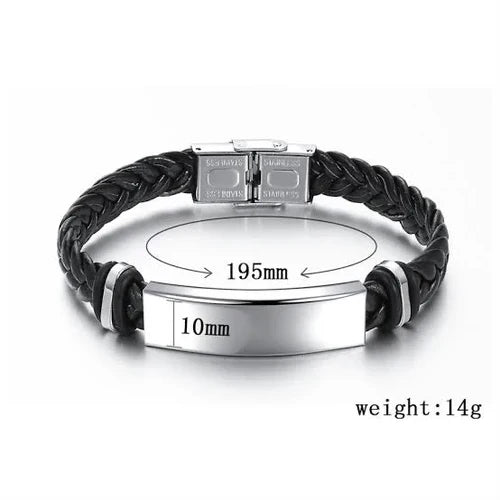 Men's Leather Bracelets Stainless Steel ID Bar Custom Name Date Logo Engrave Bangle & Bracelet Male Jewelry